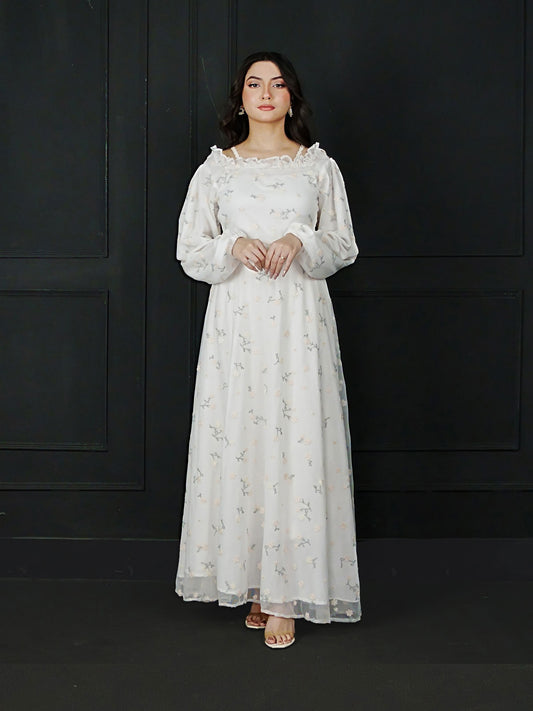 WHITE LUNA - FLORAL EMBROIDERED LONG NET DRESS