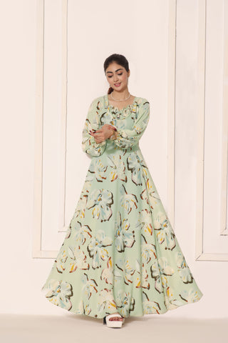 ATHENA - PASTEL GREEN FLORAL LONG DRESS