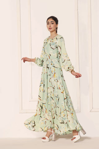 ATHENA - PASTEL GREEN FLORAL LONG DRESS