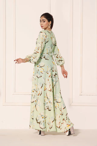 ATHENA - PASTEL GREEN FLORAL LONG DRESS