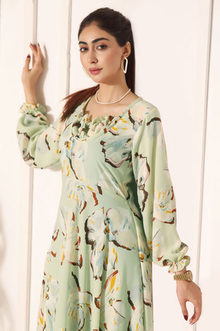 ATHENA - PASTEL GREEN FLORAL LONG DRESS