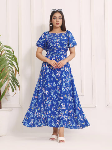 CAMILLA - BLUE FLORAL LONG DRESS