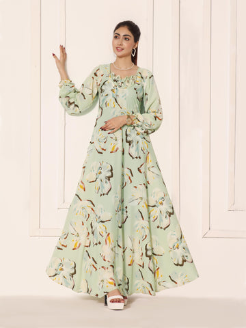 ATHENA - PASTEL GREEN FLORAL LONG DRESS