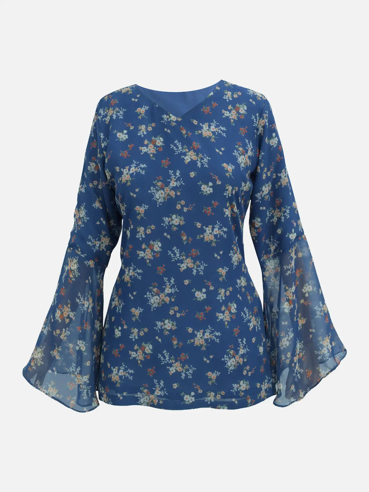Virelia blue floral fairy kurti, V-neck, front view