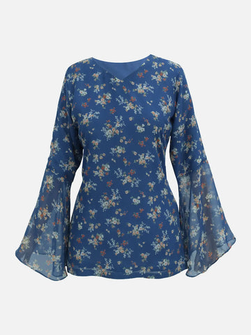 Virelia blue floral fairy kurti, V-neck, front view
