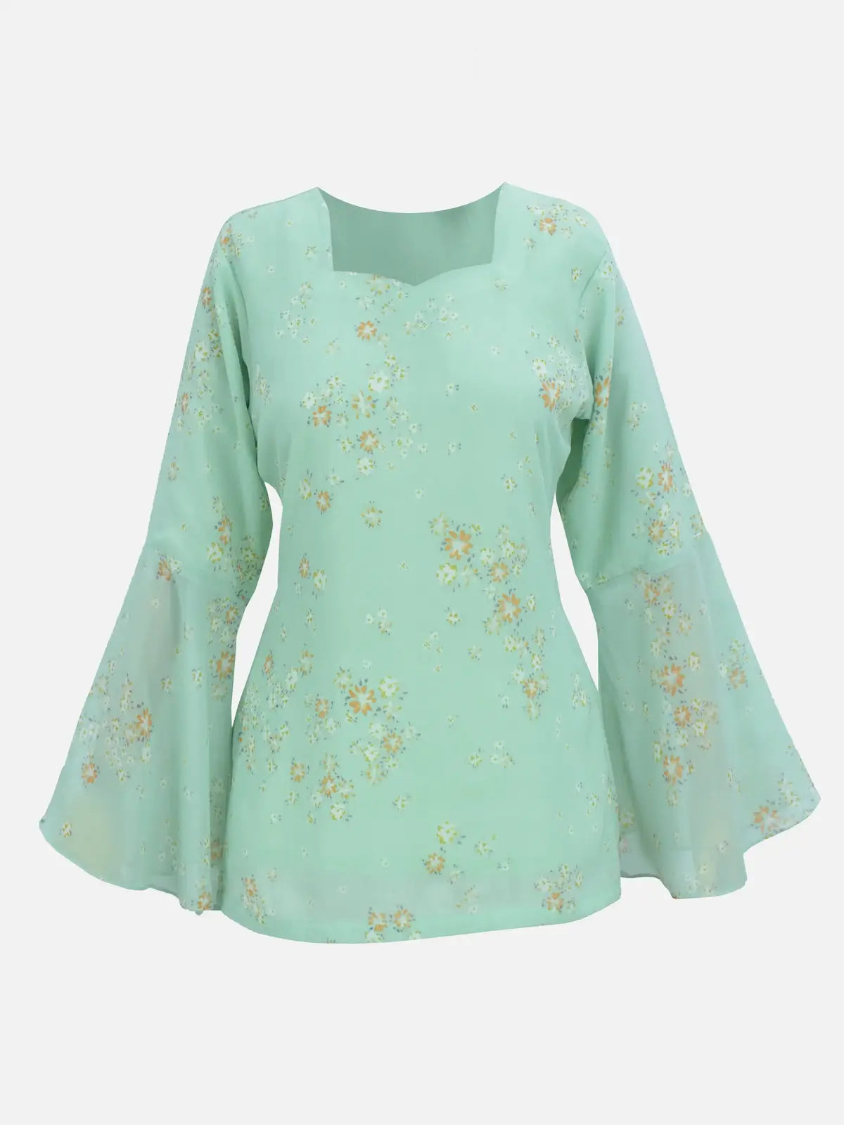 Fiora pastel green floral fairy kurti, V-neck front view