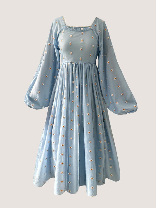 PEARLINA - PASTEL BLUE MESH EMBROIDERED FLORAL DRESS