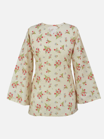 Back view of Rosie Bloom beige floral kurti – corset lace-up with ribbon tie, bell sleeves, white shalwar styling, mannequin