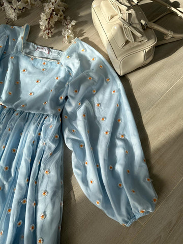 PEARLINA - PASTEL BLUE MESH EMBROIDERED FLORAL DRESS