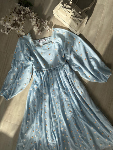 PEARLINA - PASTEL BLUE MESH EMBROIDERED FLORAL DRESS