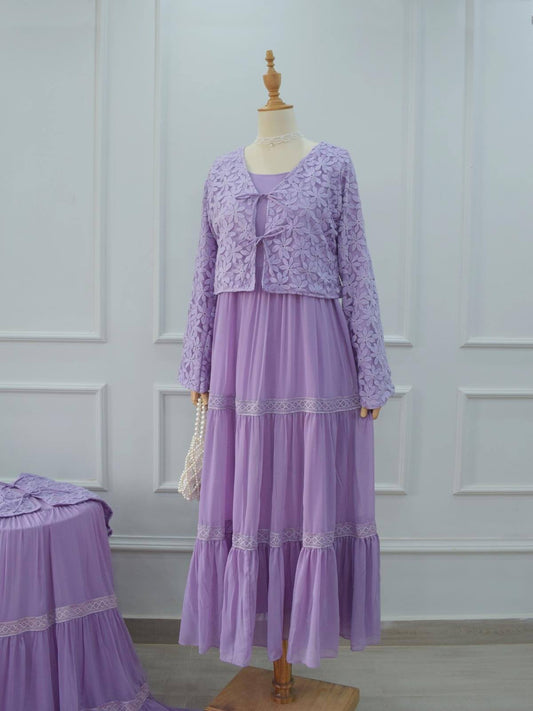 ORCHID BLOOM - 3 TIERED LACED DRESS WITH EMBROIDERED FRONT TIE CROPPED TOP