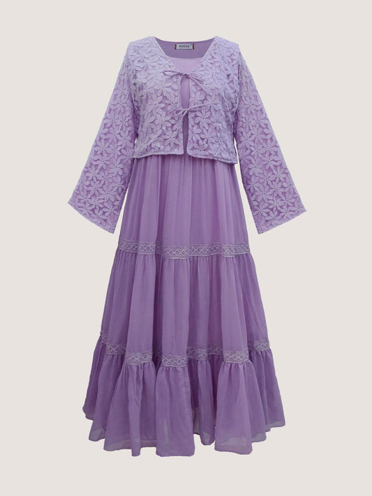 ORCHID BLOOM - 3 TIERED LACED DRESS WITH EMBROIDERED FRONT TIE CROPPED TOP