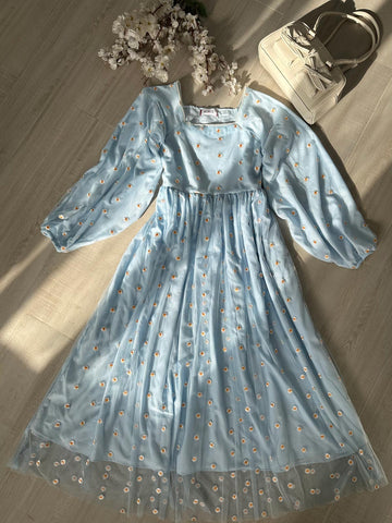 PEARLINA - PASTEL BLUE MESH EMBROIDERED FLORAL DRESS