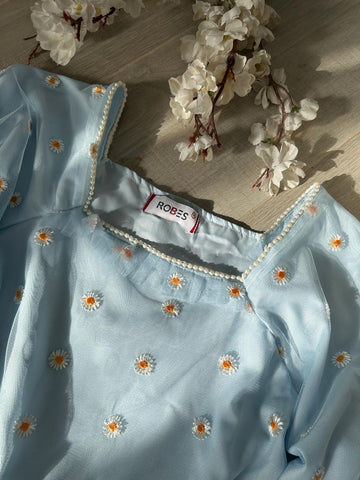 PEARLINA - PASTEL BLUE MESH EMBROIDERED FLORAL DRESS