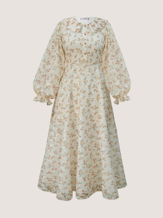 MUSTARD BLOSSOM - VINTAGE COTTAGECORE FLORAL MESH DRESS