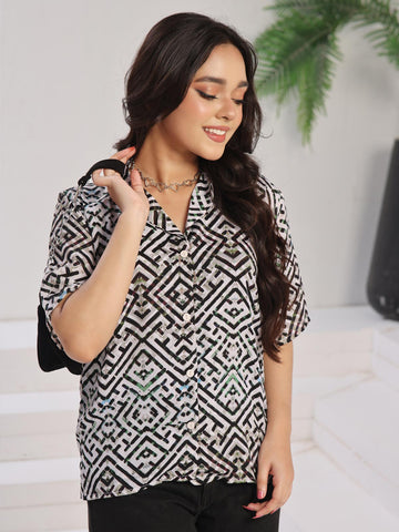 GEOMETRIC GROOVE - BLACK & WHITE BUTTON UP SHIRT