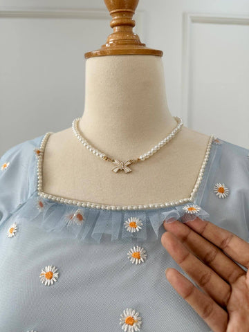 PEARLINA - PASTEL BLUE MESH EMBROIDERED FLORAL DRESS
