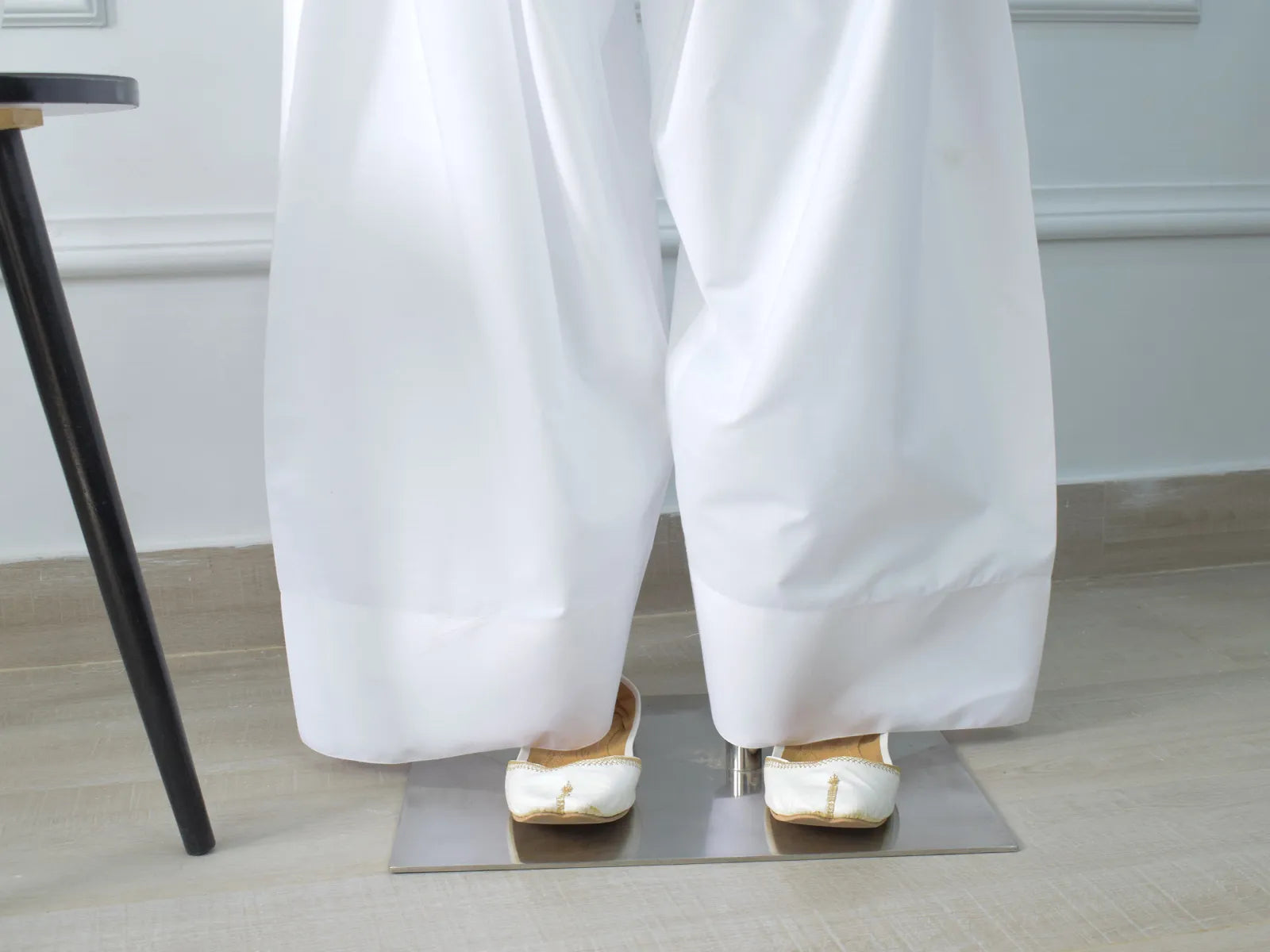 White Farshi Shalwar flat lay – soft cotton, elasticated waistband, traditional gathers, wide flowing silhouette, relaxed fit