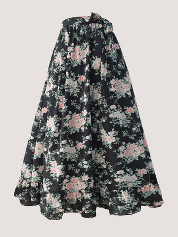 ELARA - BLACK RUFFLE HEM FLORAL SKIRT