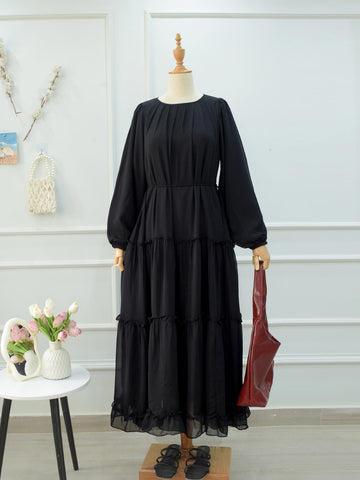 NOIR - BLACK TIERED CHIFFON LONG DRESS