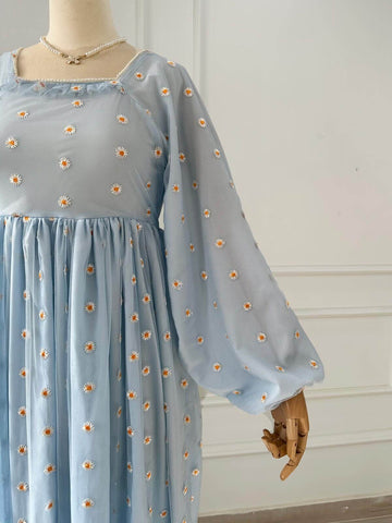 PEARLINA - PASTEL BLUE MESH EMBROIDERED FLORAL DRESS