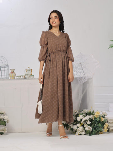 EDEN - GRAYISH BROWN POLKADOT LONG DRESS