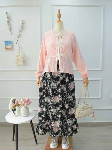 ELARA - BLACK RUFFLE HEM FLORAL SKIRT