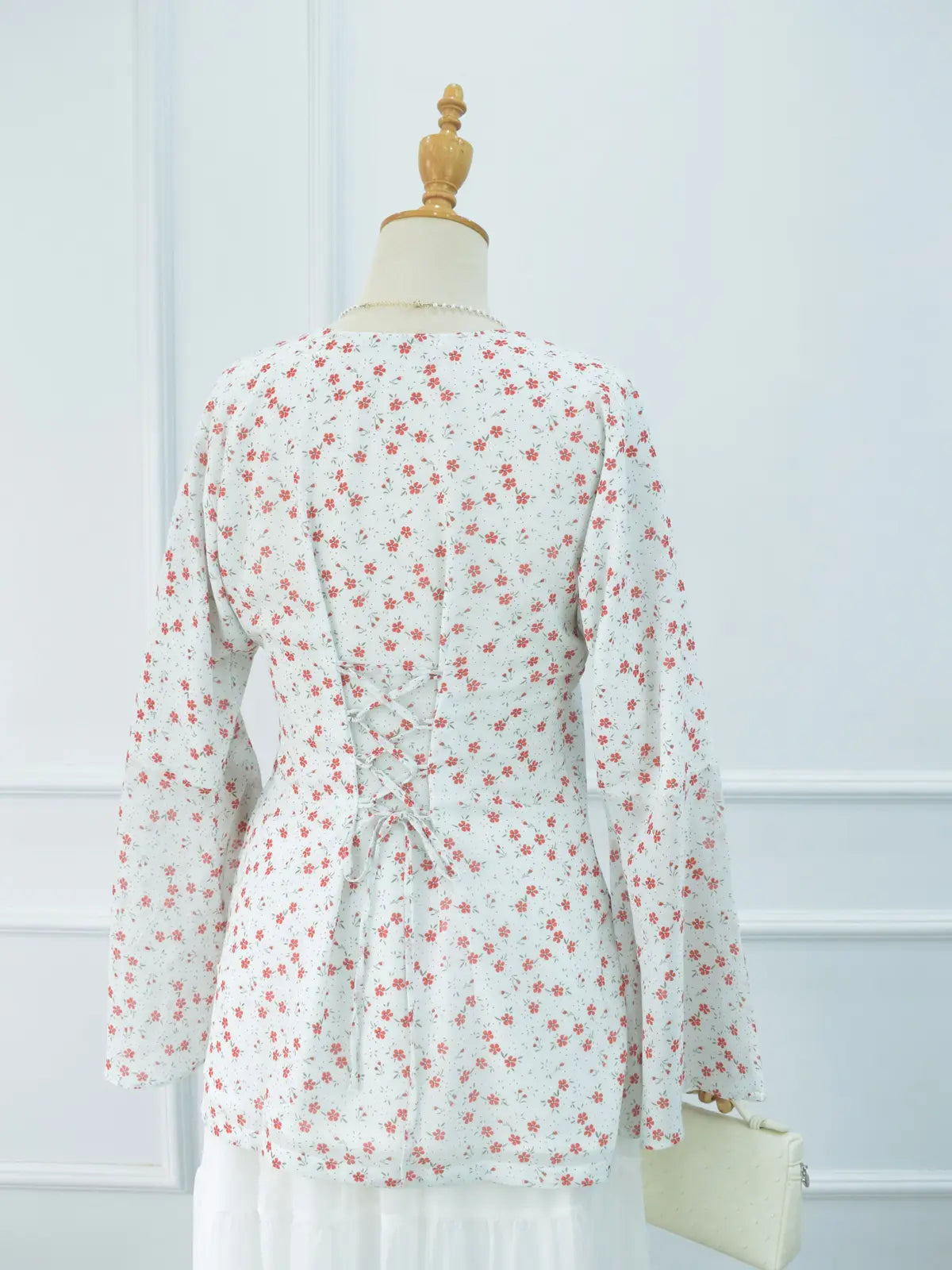 Elvina white floral kurti back view, corset lace-up detail