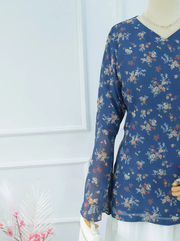 Close-up of V-neck and sheer bell sleeve, blue kurti
