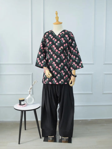 Close-up of corset lace-up back detail on Black Petal black floral kurti – loop eyelets with ribbon tie for adjustable waist fitting