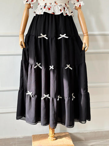 SNOWY NIGHT - BLACK TIERED FAIRY SKIRT WITH WHITE BOWS