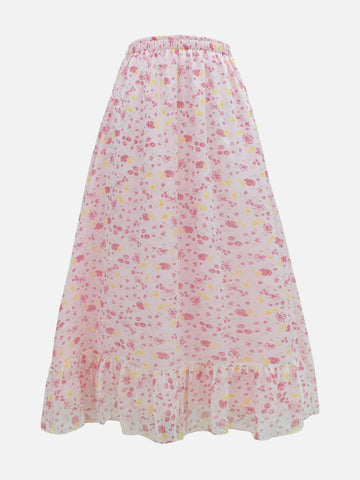 PETAL WHISPER - PINK RUFFLE HEM FLORAL SKIRT