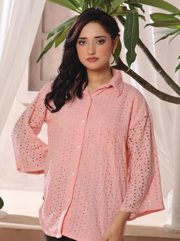 ELLIS - PINK OVERSIZED CUTWORK BUTTON UP SHIRT