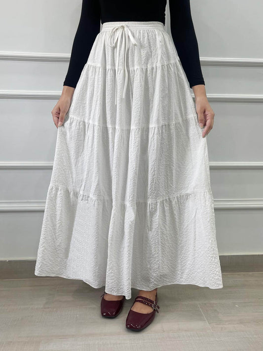 SWEETERA - TIE WAIST 4 TIER WHITE TEXTURED COTTON SKIRT
