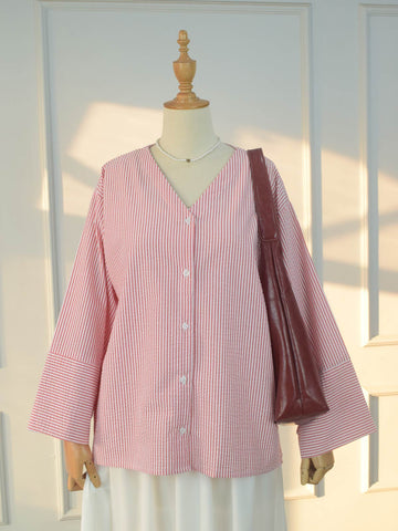 ROSALINE - RED TEXTURED STRIPE TOP