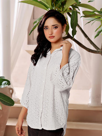 NORA - WHITE OVERSIZED CUTWORK BUTTON UP SHIRT