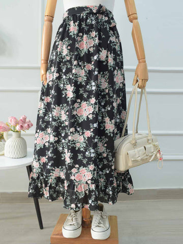 ELARA - BLACK RUFFLE HEM FLORAL SKIRT