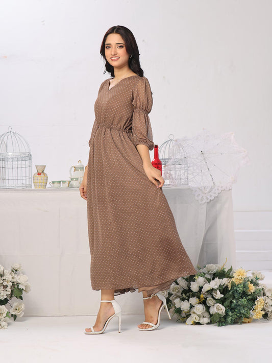 EDEN - GRAYISH BROWN POLKADOT LONG DRESS