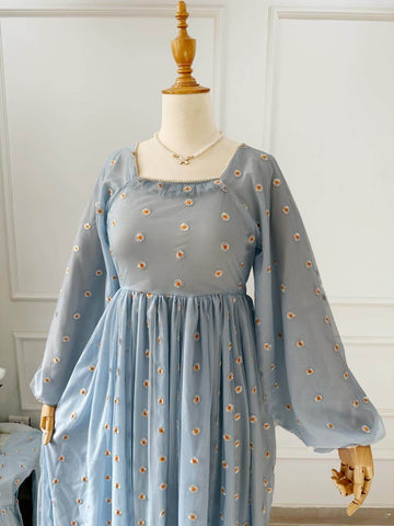 PEARLINA - PASTEL BLUE MESH EMBROIDERED FLORAL DRESS