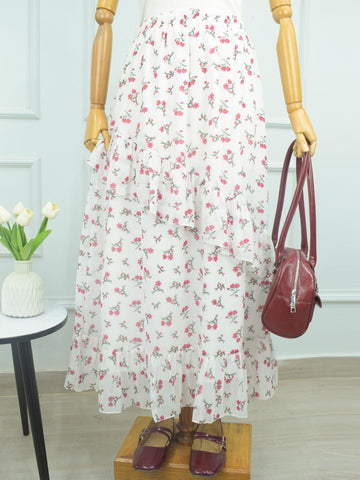 YEONA - WHITE FLORAL RUFFLE HEM TIERED SKIRT