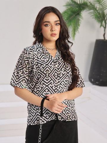 GEOMETRIC GROOVE - BLACK & WHITE BUTTON UP SHIRT