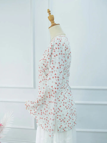Side view of Elvina white floral fairy kurti, bell sleeves