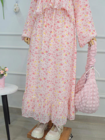 PETAL WHISPER - PINK RUFFLE HEM FLORAL SKIRT