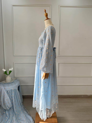 PEARLINA - PASTEL BLUE MESH EMBROIDERED FLORAL DRESS
