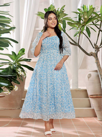 SAPPHIRE - BLUE FLORAL CUTWORK EMBROIDERED DRESS