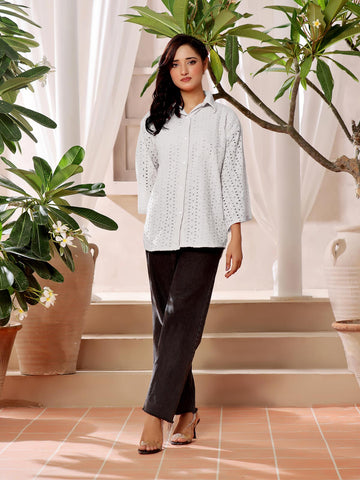 NORA - WHITE OVERSIZED CUTWORK BUTTON UP SHIRT