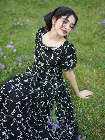 Black AMELIA - EMBROIDERED LONG NET DRESS Medium Black AMELIA - EMBROIDERED LONG NET DRESS Medium