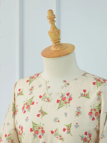 Front angle view of Rosie Bloom beige kurti – red green floral print, wide bell sleeves, structured smart fit silhouette