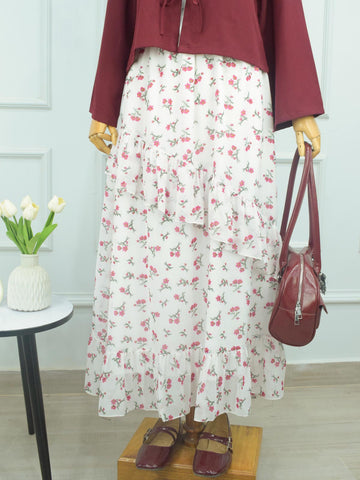 YEONA - WHITE FLORAL RUFFLE HEM TIERED SKIRT