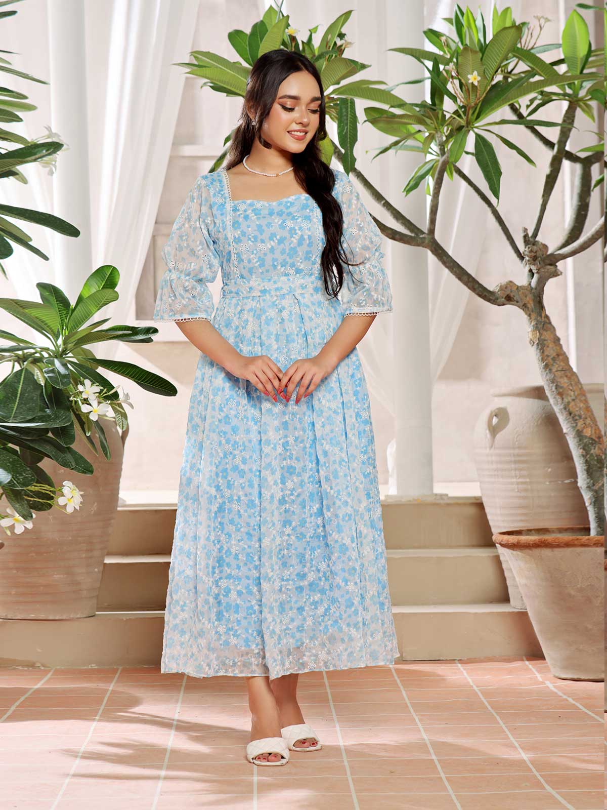 SAPPHIRE - BLUE FLORAL CUTWORK EMBROIDERED LONG DRESS XS SAPPHIRE - BLUE FLORAL CUTWORK EMBROIDERED LONG DRESS XS